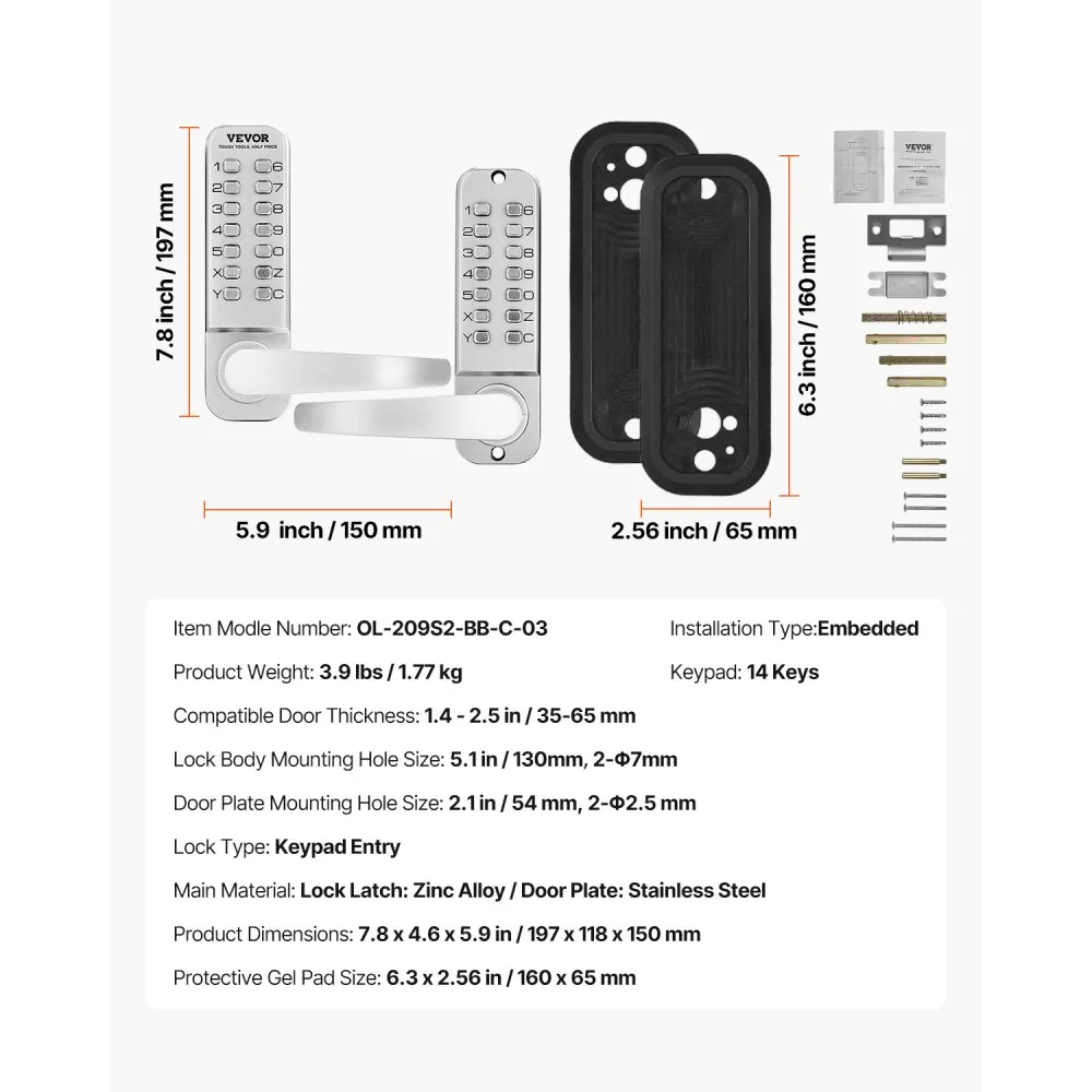 VEVOR Mechanical Keyless Entry Door Lock Silver Handle Doubl product image 7