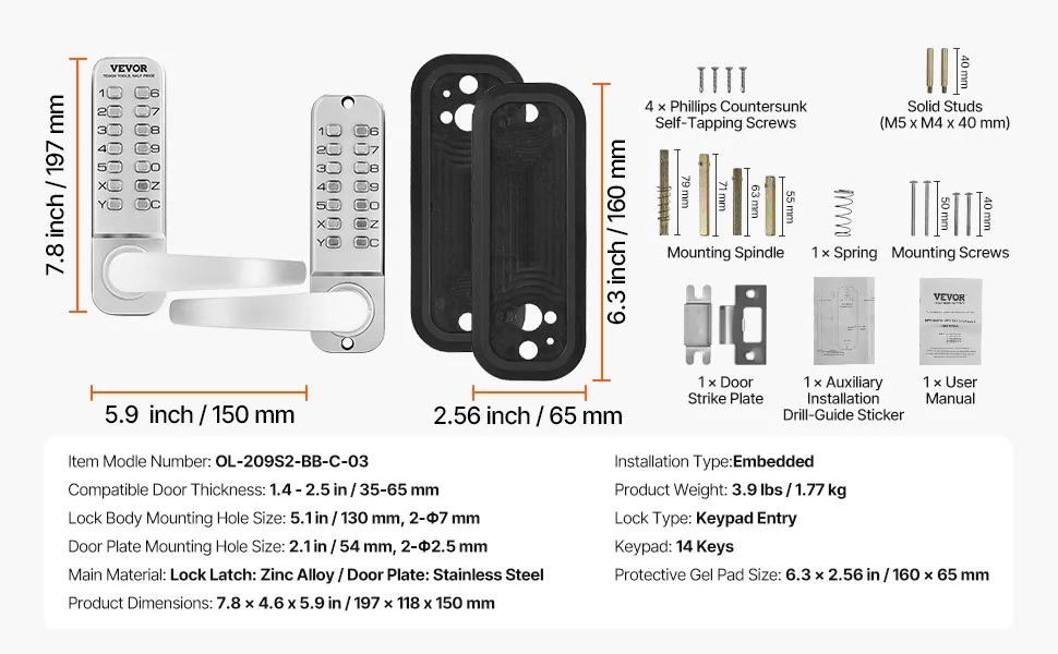 VEVOR Mechanical Keyless Entry Door Lock Silver Handle Doubl feature 5