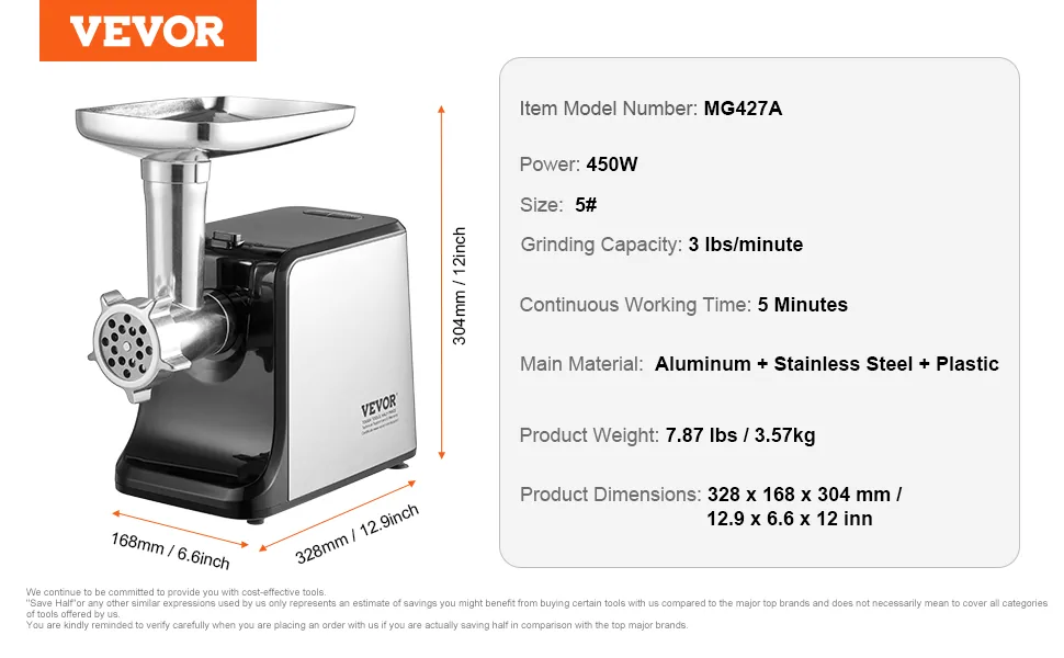 VEVOR Meat Grinder Stainless Steel + Plastic 6 Accessories feature 5