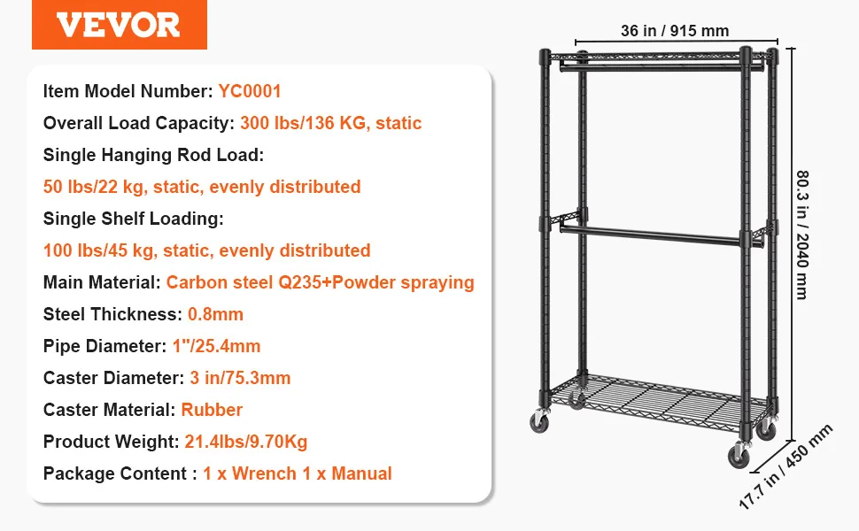 VEVOR Heavy Duty Clothes Rack 2 hanging 2 layers 36 inch feature 5