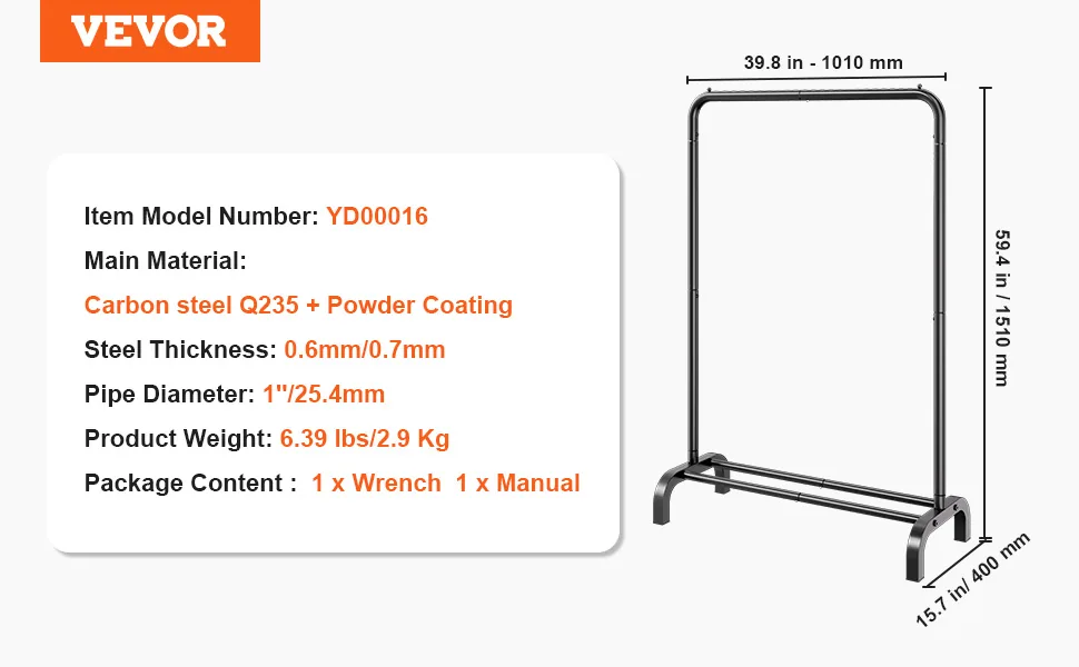 VEVOR Clothes Rack 1 hanging and 1 layer 39.8 inch feature 5