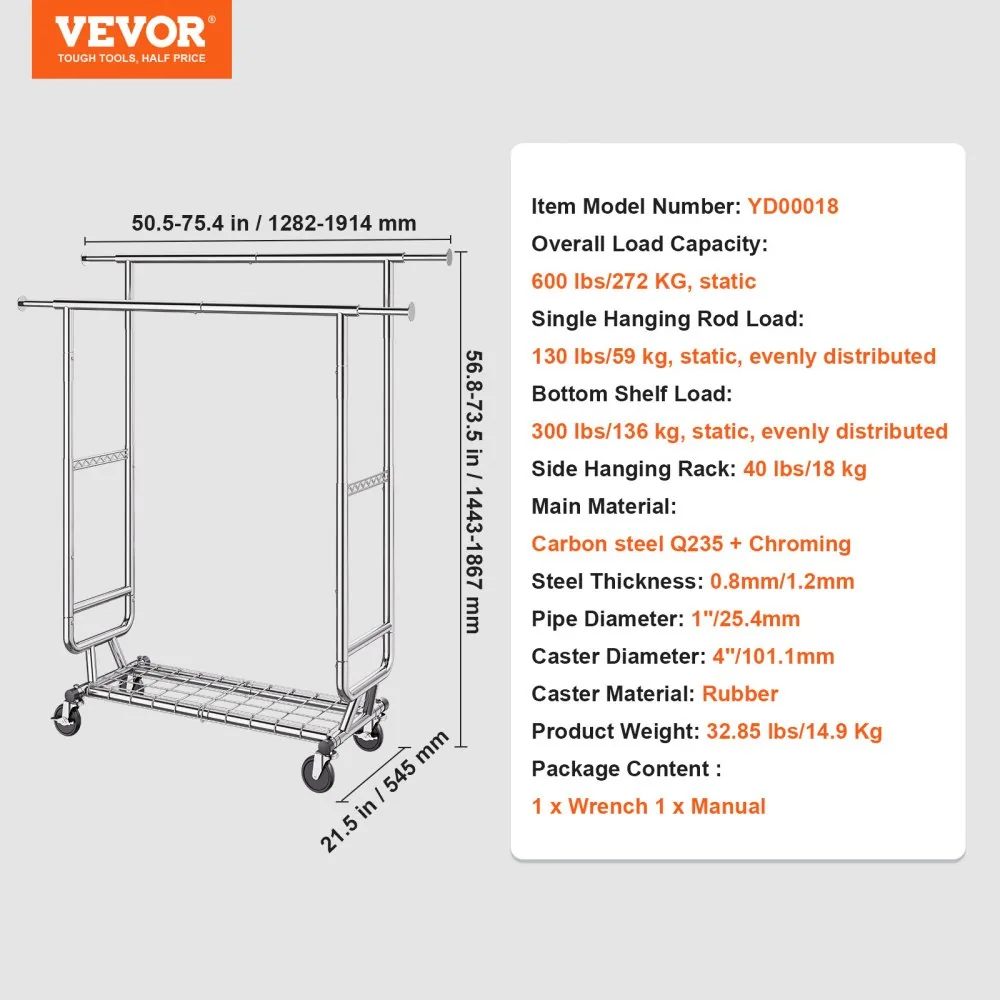 VEVOR Heavy Duty Clothes Rack 2 hanging and 1 layer 50.5-75. product image 7