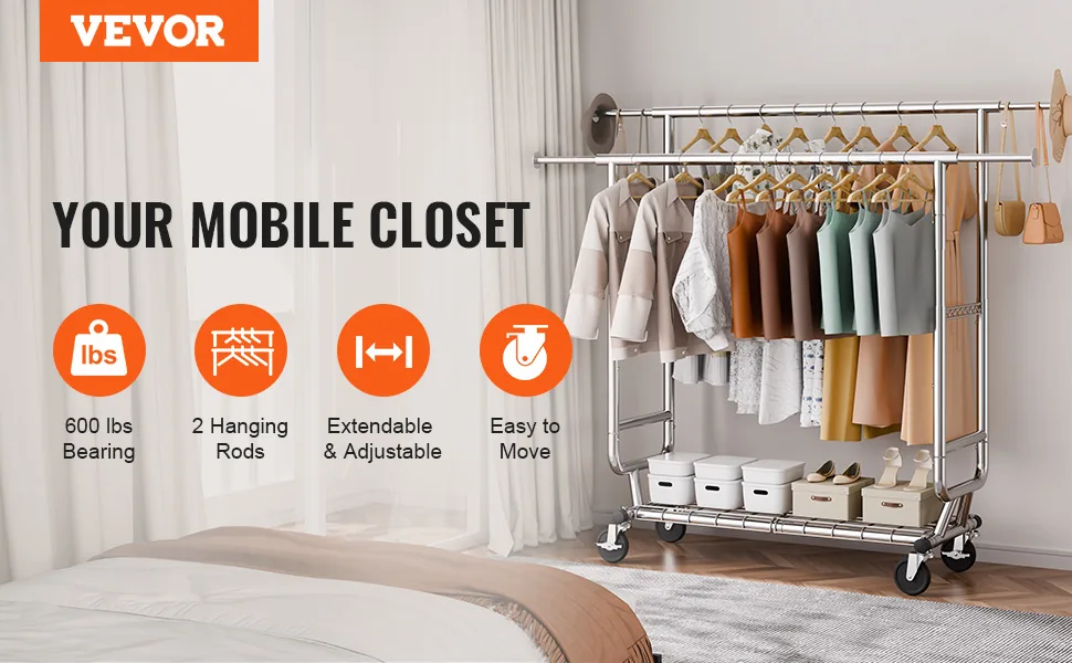 VEVOR Heavy Duty Clothes Rack 2 hanging and 1 layer 50.5-75. overview