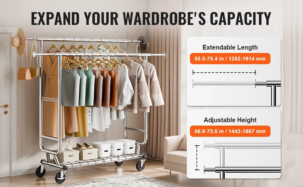 VEVOR Heavy Duty Clothes Rack 2 hanging and 1 layer 50.5-75. feature 2