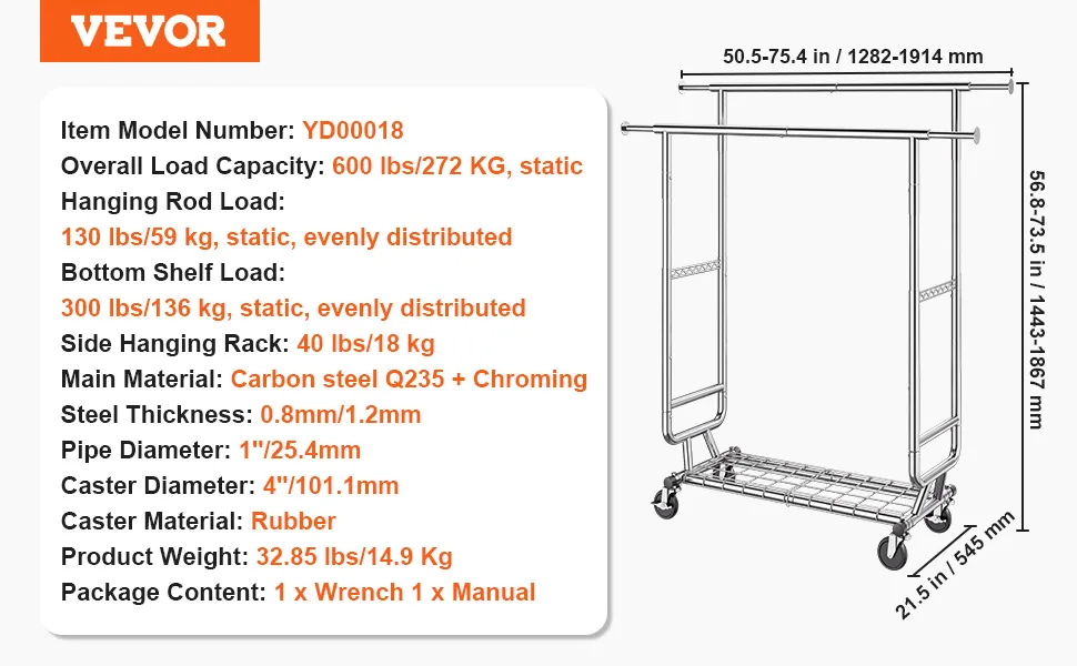 VEVOR Heavy Duty Clothes Rack 2 hanging and 1 layer 50.5-75. feature 5