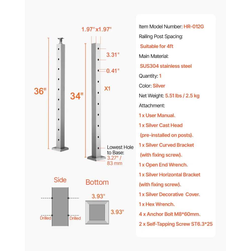 VEVOR cable railing post package contents