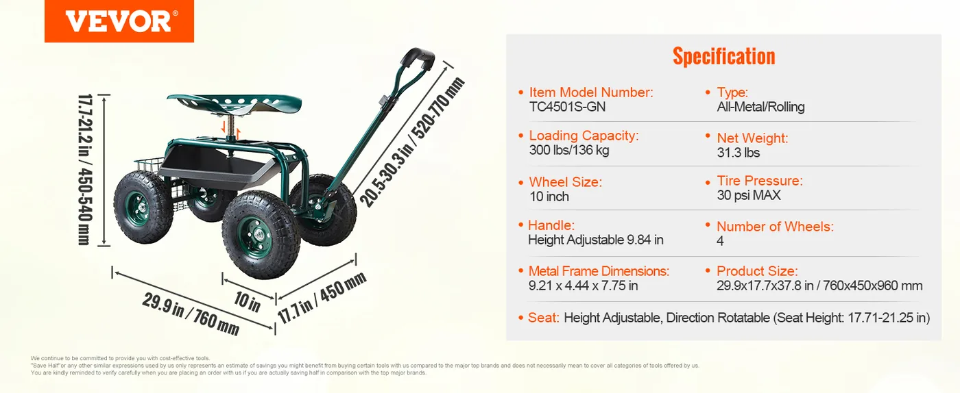 VEVOR Garden Cart Rolling Workseat with Wheels Chair Style w feature 5