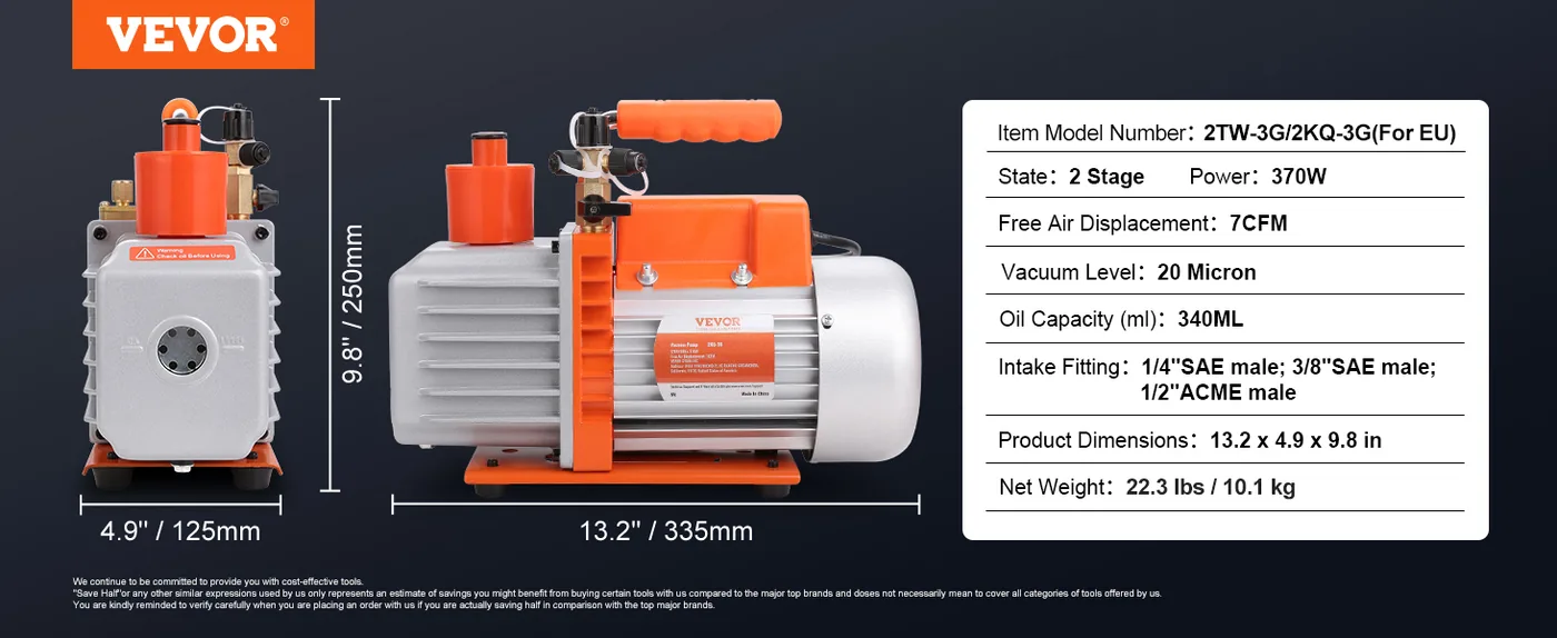 VEVOR 1/2 HP 2 Stage Rotary Vane Vacuum Pump Two-Stage Pro feature 1