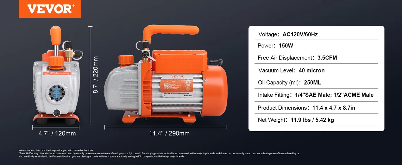 VEVOR 1/5 HP Single Stage Vacuum Pump Single-Stage Pro 3.5 C feature 1
