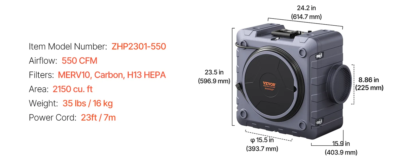 VEVOR Air Scrubber with 3-Stage Filtration 550 CFM feature 4