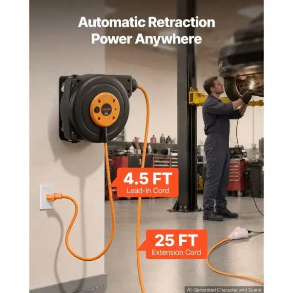 VEVOR cord reel mounted in garage workshop
