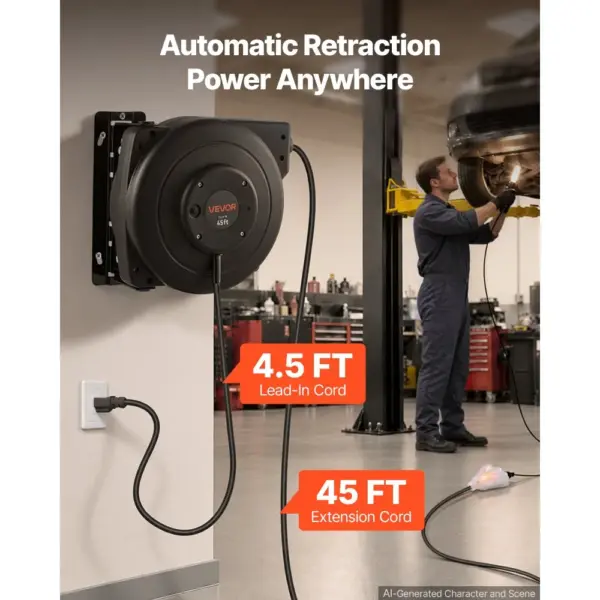VEVOR cord reel mounted in garage workshop