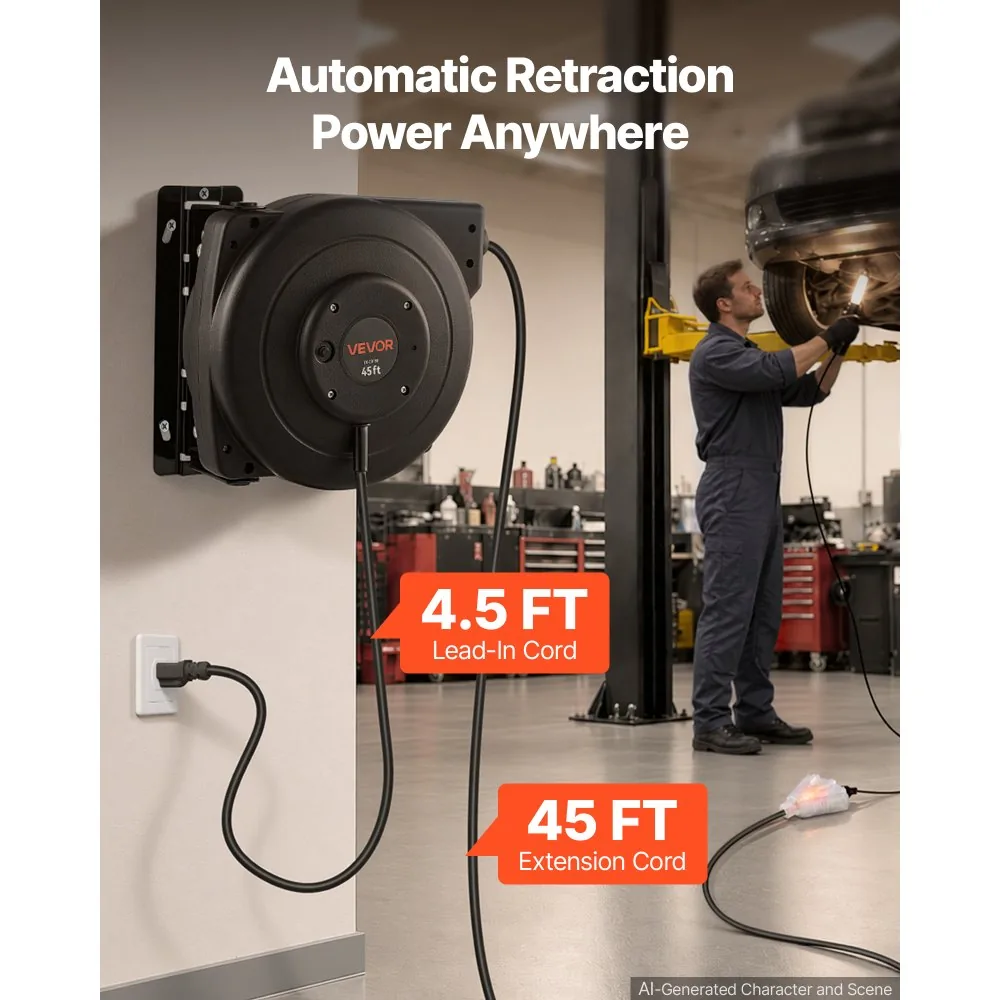 VEVOR cord reel mounted in garage workshop