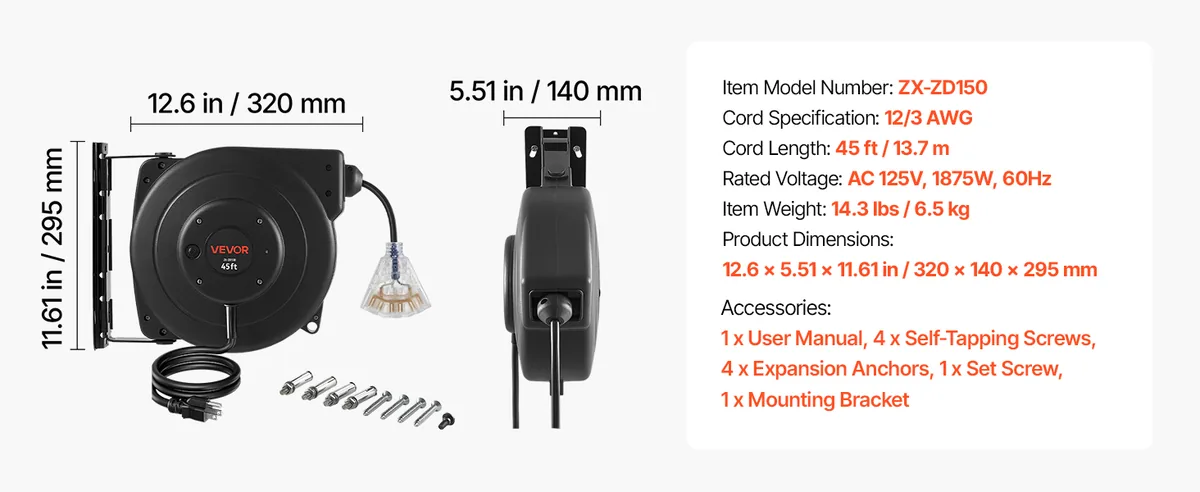 VEVOR retractable extension cord reel product details