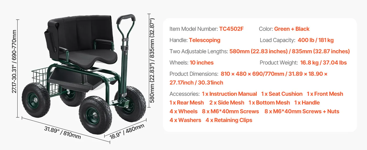 VEVOR Garden Seat with Wheels Seat Back Style feature 3