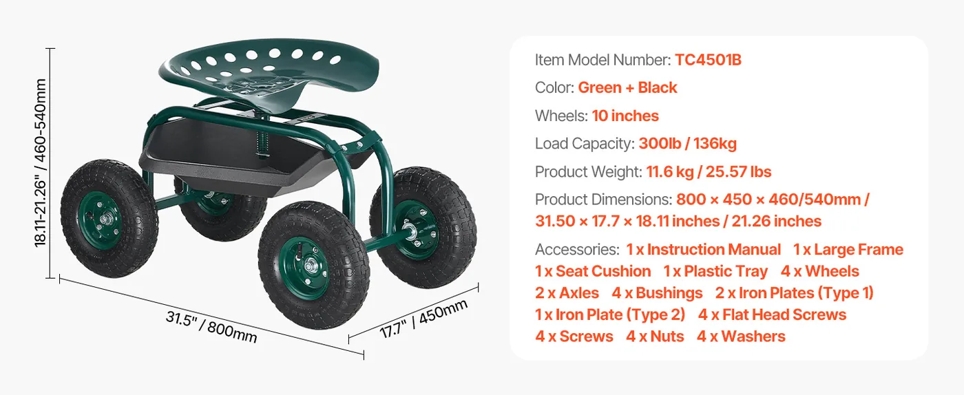 VEVOR Rolling Garden Cart with Swivel Seat Chair Style feature 5