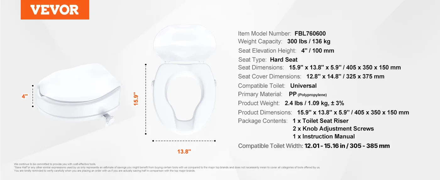 VEVOR Raised Toilet Seat 4 inch Without Armrest feature 5