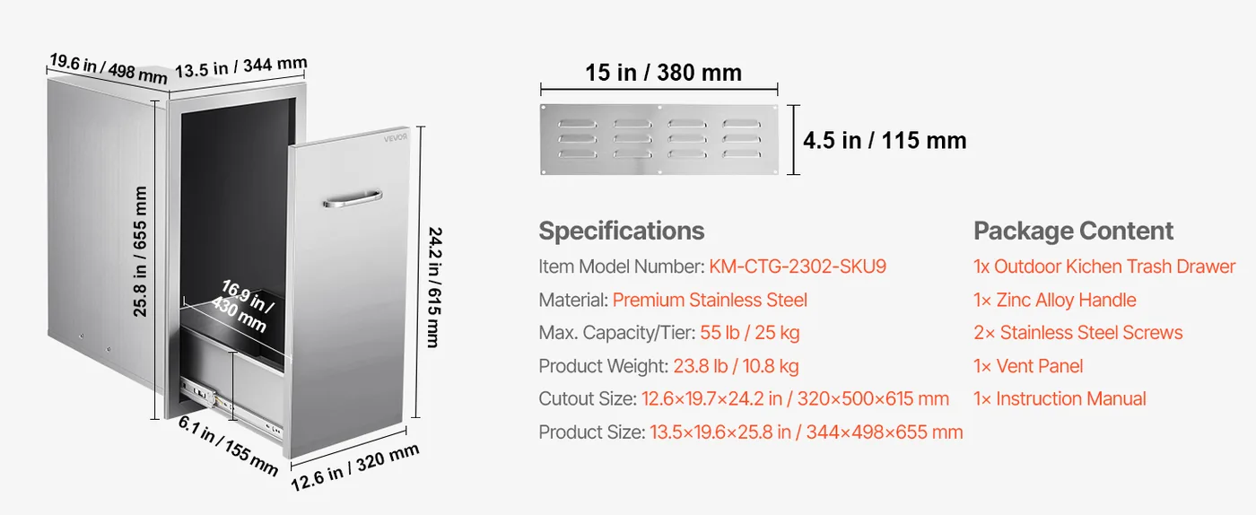 VEVOR Outdoor Kitchen Trash Drawer Integrated 14.5" W × 18.5 feature 1