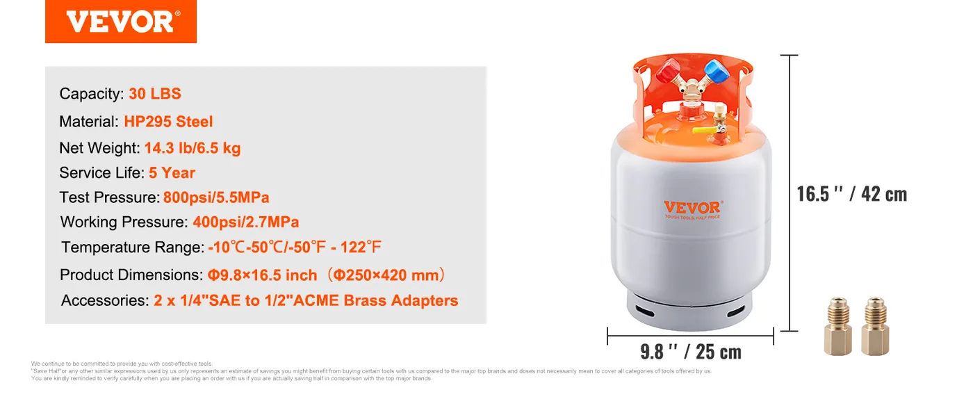 VEVOR Refrigerant Recovery Tank 30 lbs Without floating swit feature 1