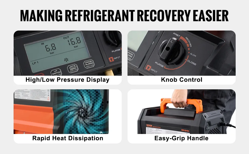 VEVOR Refrigerant Recovery Machine Black-orange 1 HP Brushle feature 2