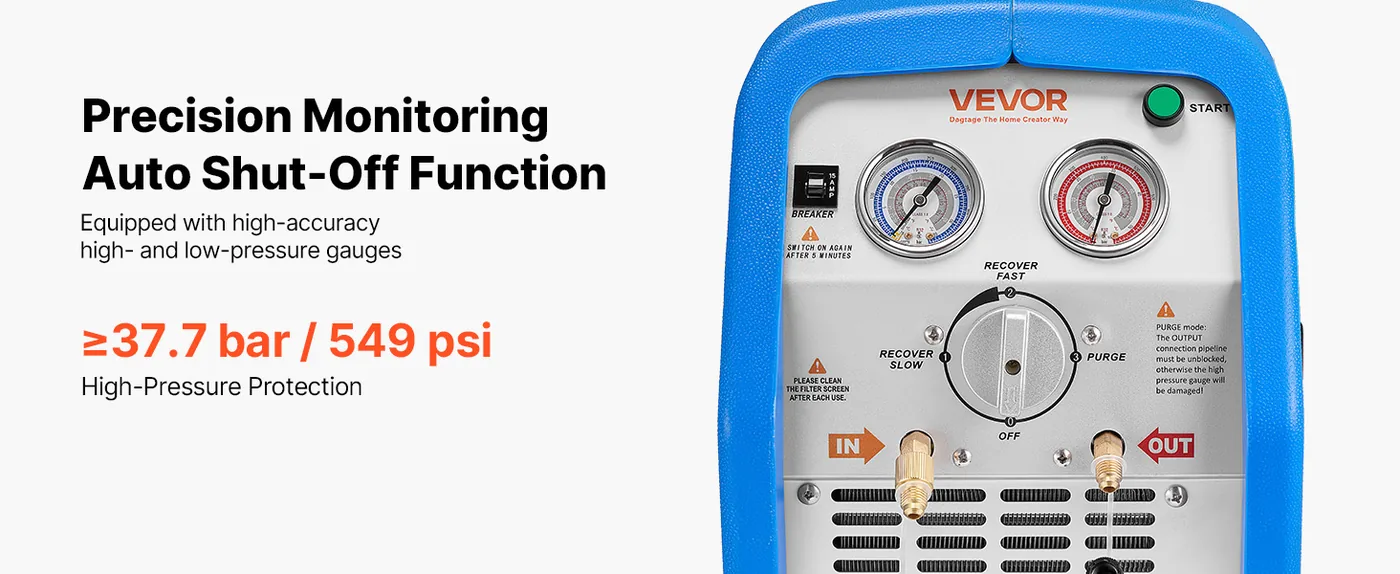 VEVOR Portable Refrigerant Recovery Machine Blue 1HP Brushed Auto Shut-Off Protection