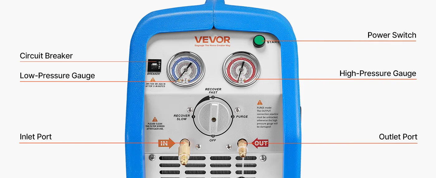 VEVOR Portable Refrigerant Recovery Machine Blue 1HP Brushed Intuitive Control Panel