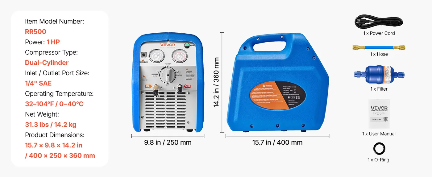 VEVOR Portable Refrigerant Recovery Machine Blue 1HP Brushed feature 1