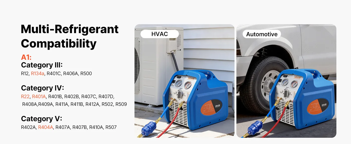 VEVOR Portable Refrigerant Recovery Machine Blue 3/4HP Brush Multi-Application