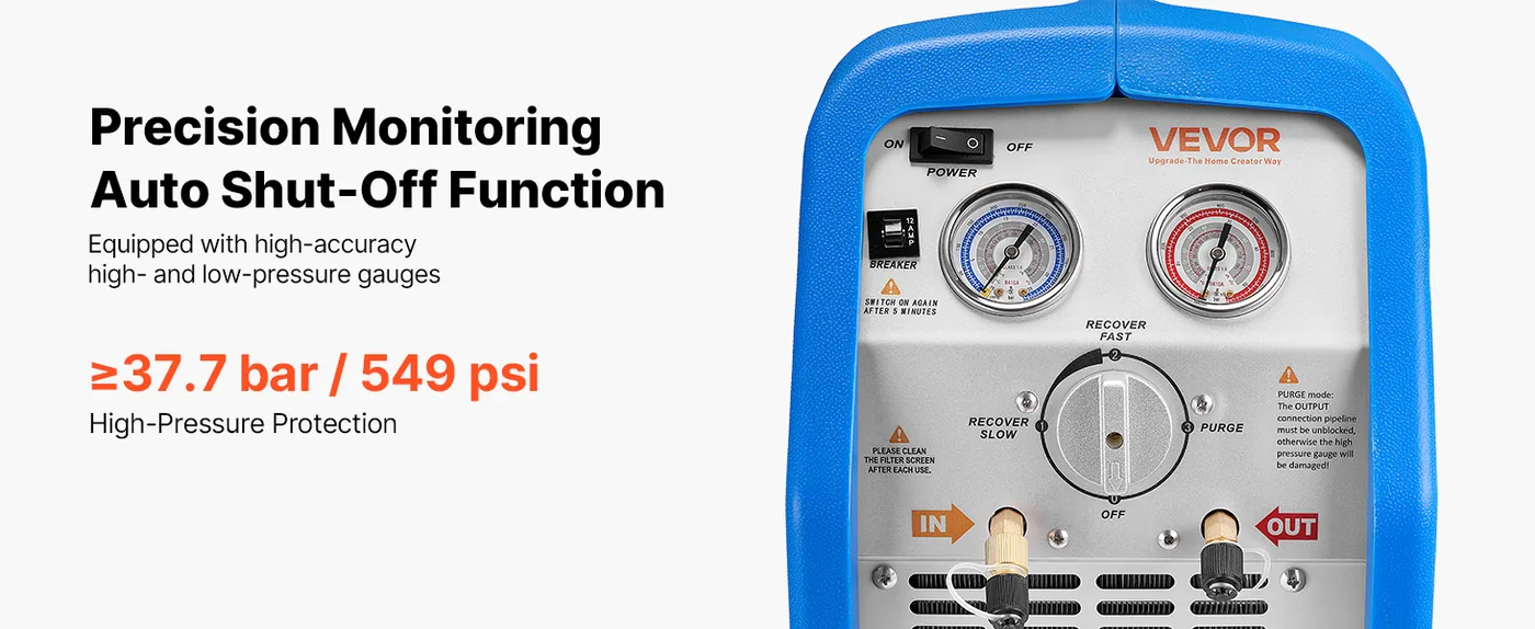 VEVOR Portable Refrigerant Recovery Machine Blue 3/4HP Brush Auto Shut-Off Protection