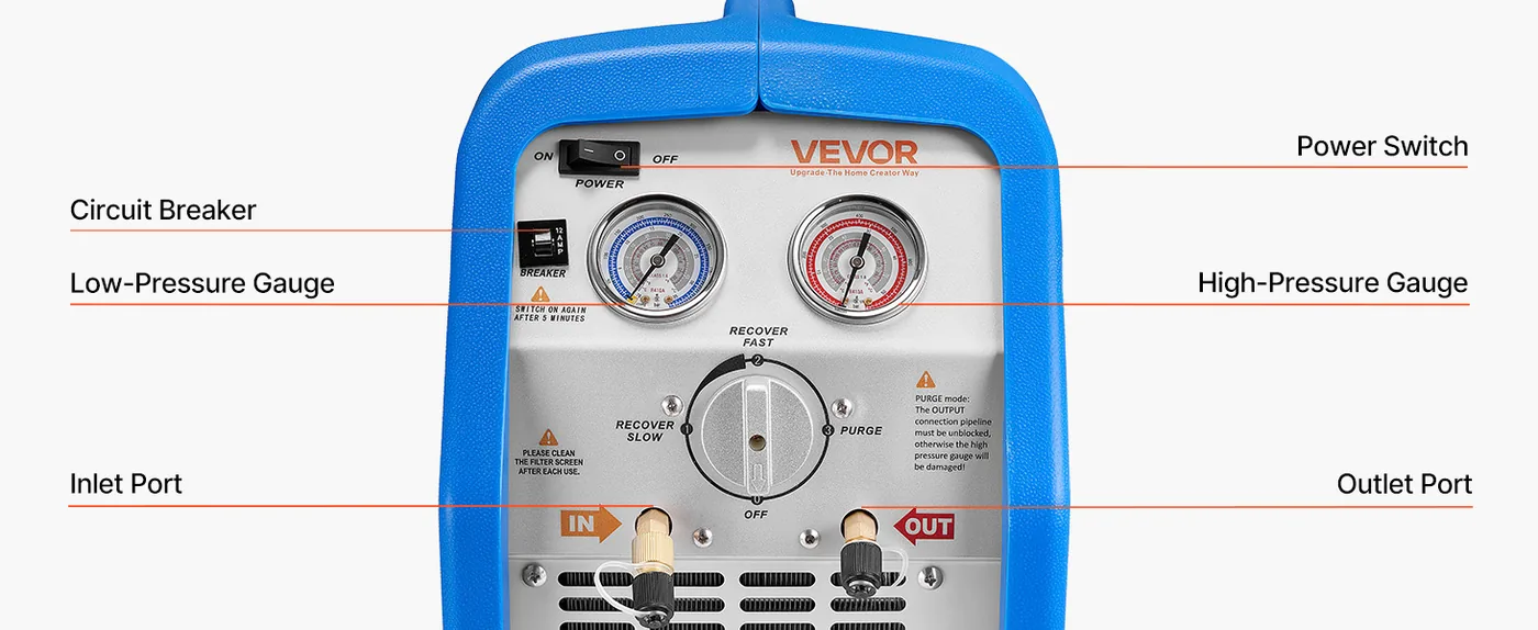 VEVOR Portable Refrigerant Recovery Machine Blue 3/4HP Brush Intuitive Control Panel
