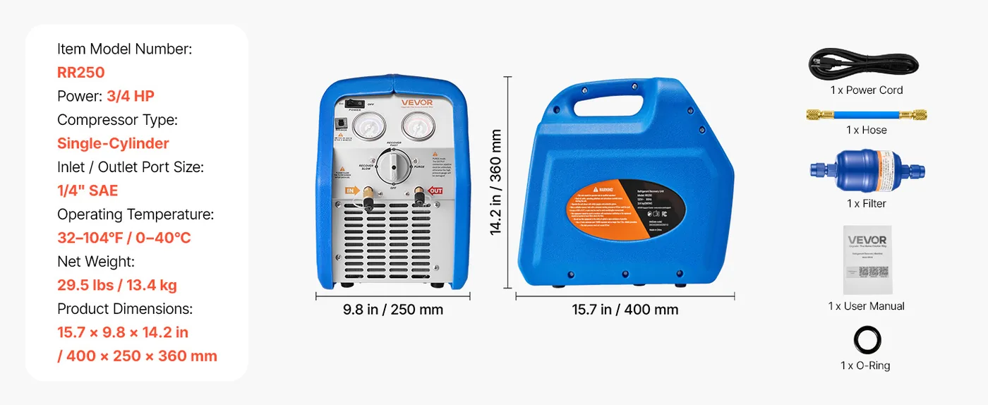 VEVOR Portable Refrigerant Recovery Machine Blue 3/4HP Brush feature 1