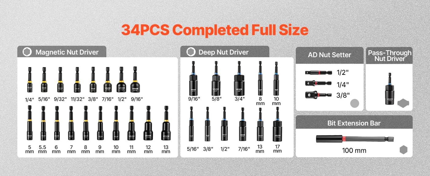 VEVOR Master Magnetic Impact Nut Driver Set 34-Piece 34pcs feature 1