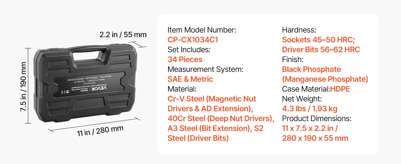 VEVOR Master Magnetic Impact Nut Driver Set 34-Piece 34pcs feature 5