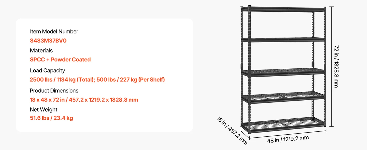 VEVOR Storage Shelves 18x48x72 inch Black overview