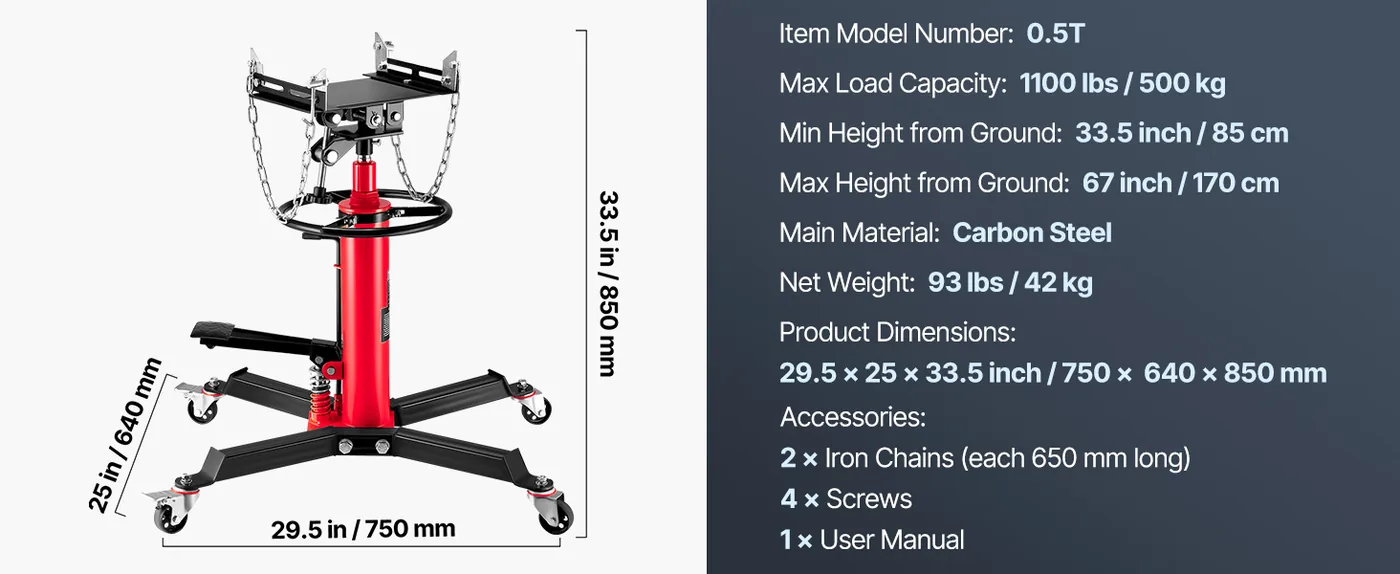 VEVOR Transmission Jack Red 1100 lbs feature 1
