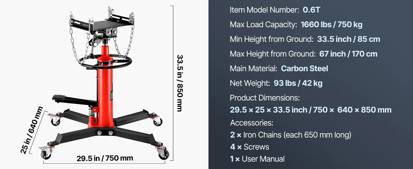 VEVOR Transmission Jack Red 1660 lbs feature 1