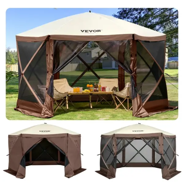 VEVOR 10 x 10 ft brown gazebo screen tent front view