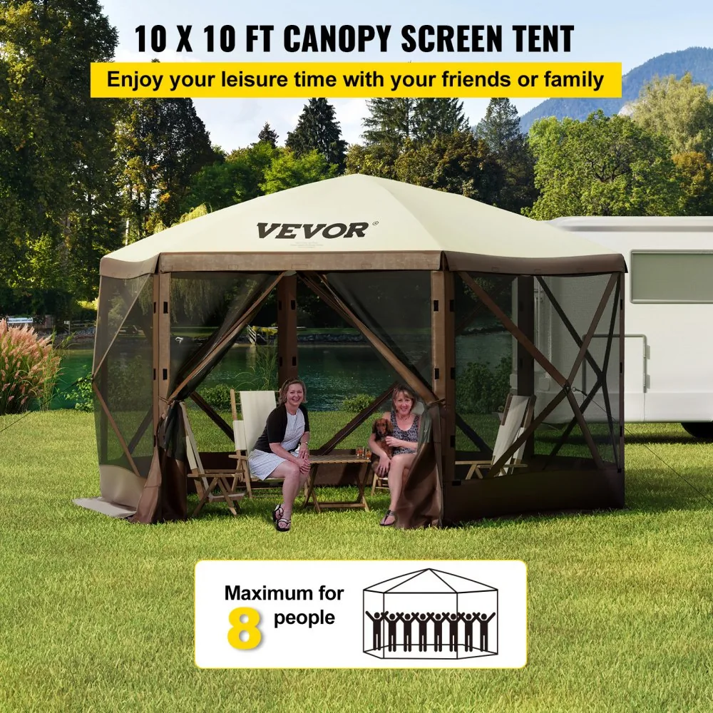 VEVOR 10 x 10 ft gazebo screen tent set up in backyard