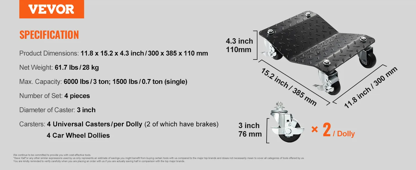 VEVOR Wheel Dolly 4 Pcs 1500 lbs feature 4