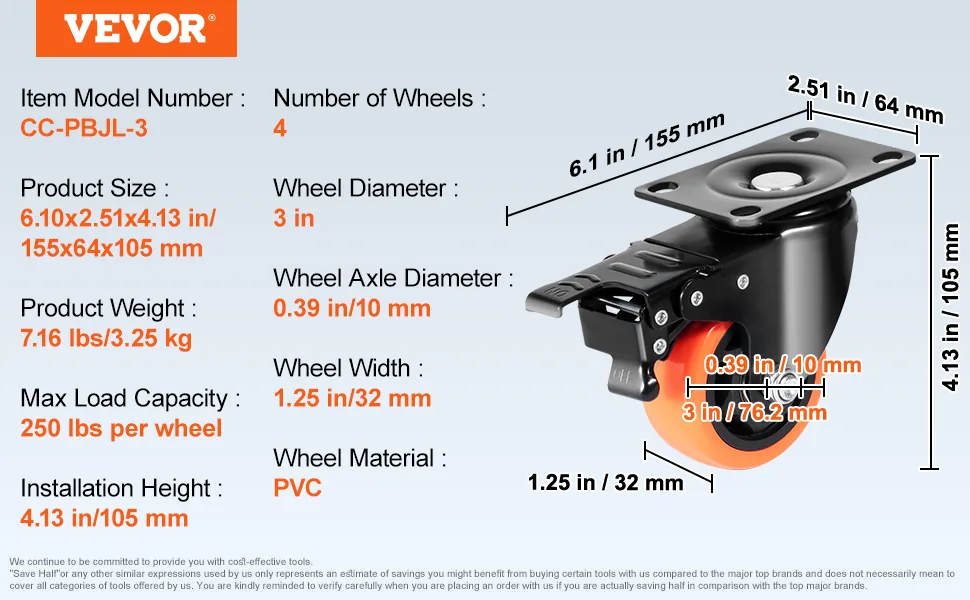VEVOR Caster Wheels 3 inch feature 5