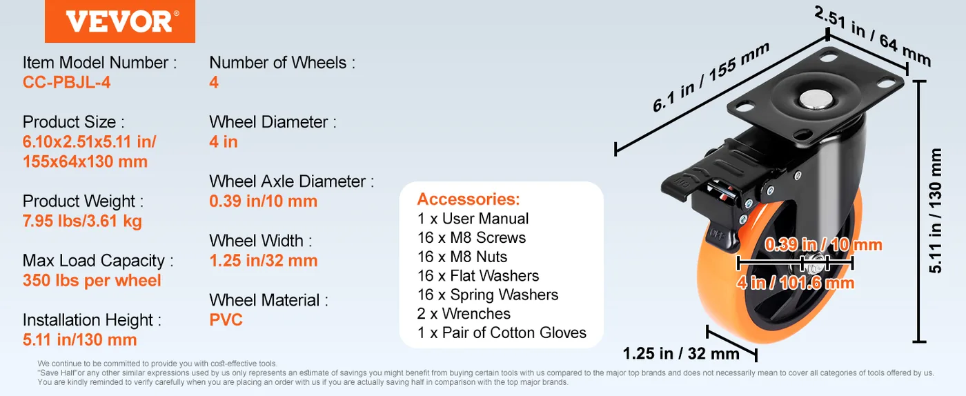 VEVOR Caster Wheels 4 inch feature 5