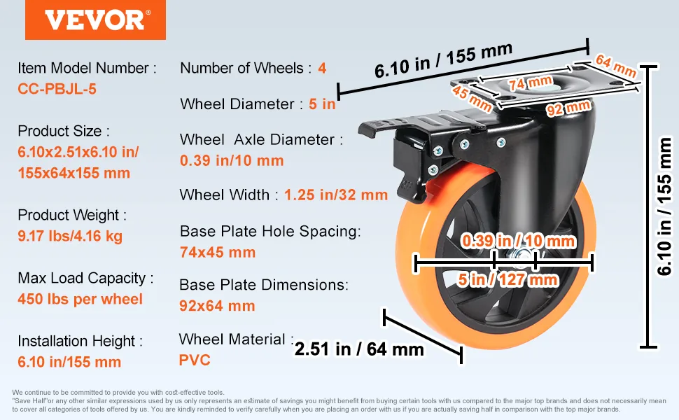 VEVOR Caster Wheels 5 inch feature 5