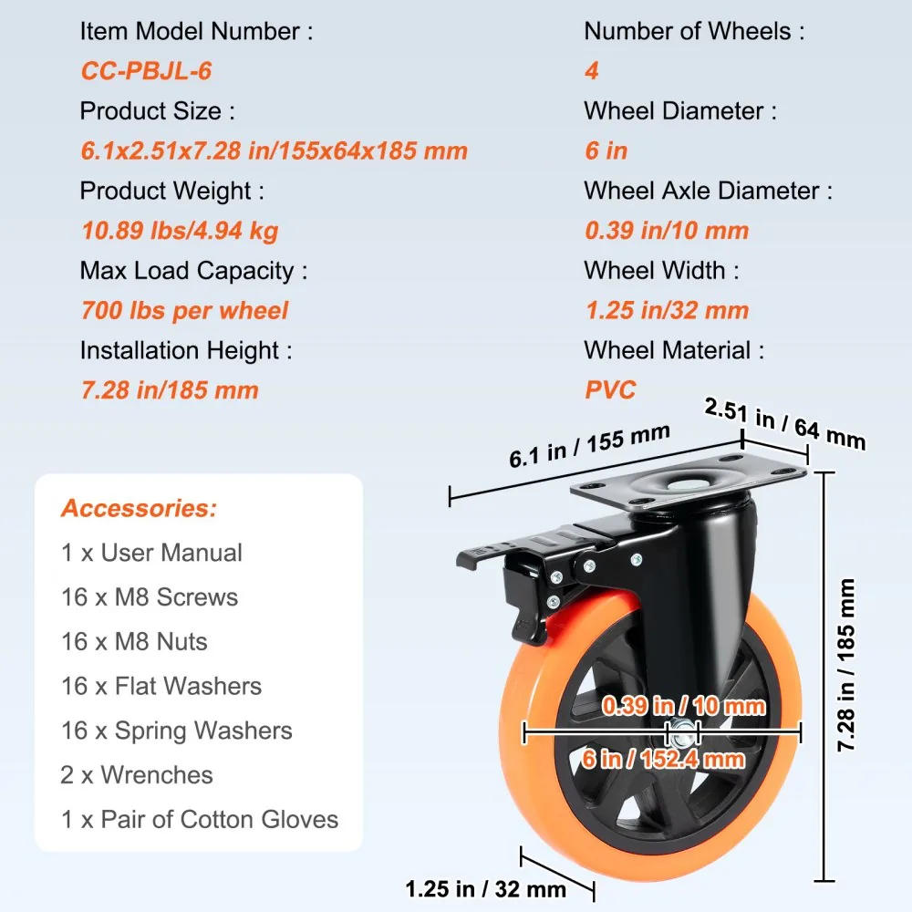 VEVOR Caster Wheels 6 inch product image 7