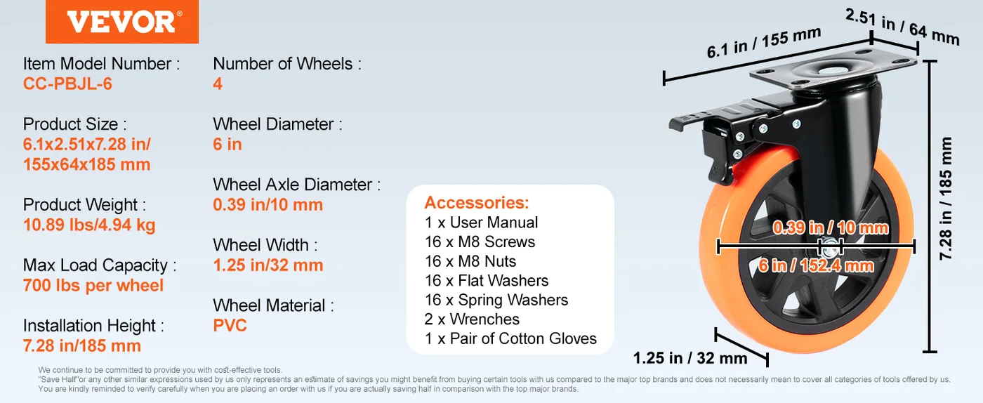 VEVOR Caster Wheels 6 inch feature 5