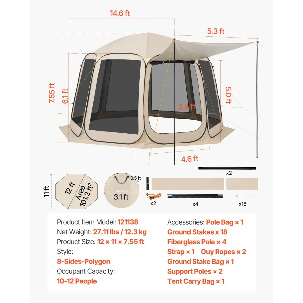 VEVOR Screen House Tent 12*11ft Canopy type product image 7