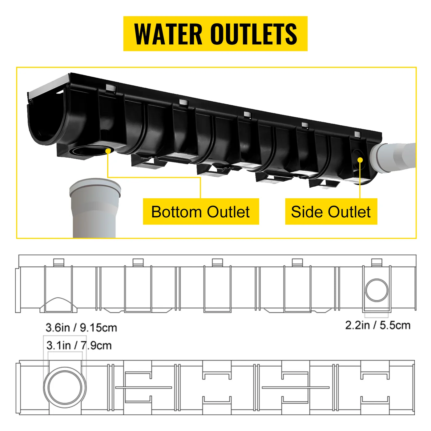 VEVOR Trench Drain System 3 Pcs Stainless steel 100 x 100 mm feature 4