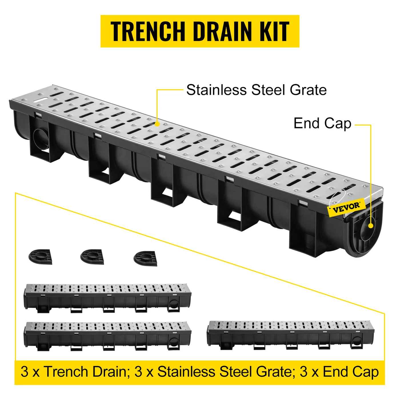 VEVOR Trench Drain System 3 Pcs Stainless steel 100 x 100 mm feature 6