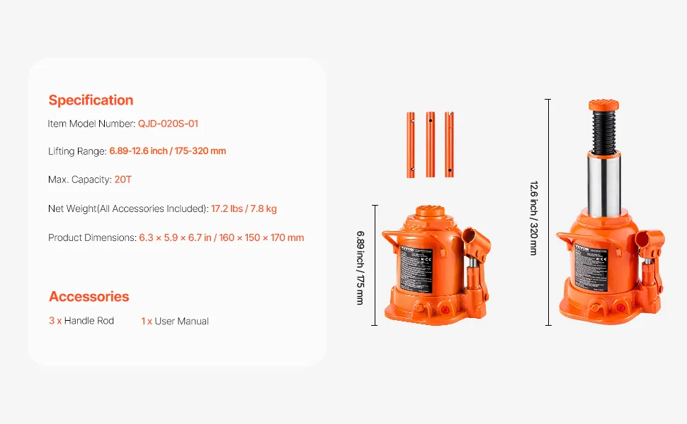 VEVOR Hydraulic Bottle Jack Manual Type 20 T Low Lift feature 5