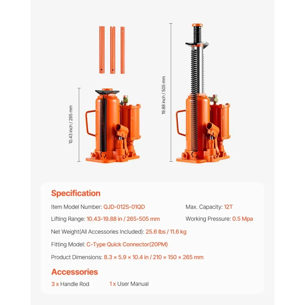 VEVOR Air Hydraulic Bottle Jack Manual + Pneumatic 12 T product image 7