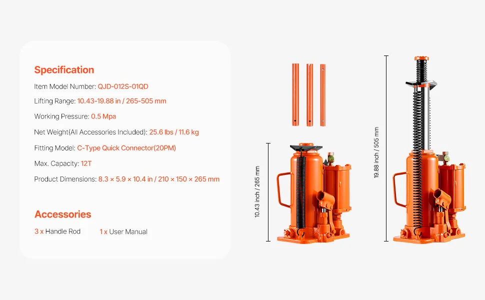 VEVOR Air Hydraulic Bottle Jack Manual + Pneumatic 12 T feature 5